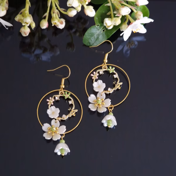 Enamel Bumble Bee Flower Golden Rhinestones Lily of the Valley Water Lily Dangle Drop Silver Stainless Sterling Hooks - Image 3